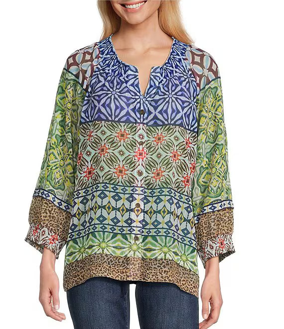 John Mark Printed Front Button Down w/3/4 sleeves and Shirring Detail