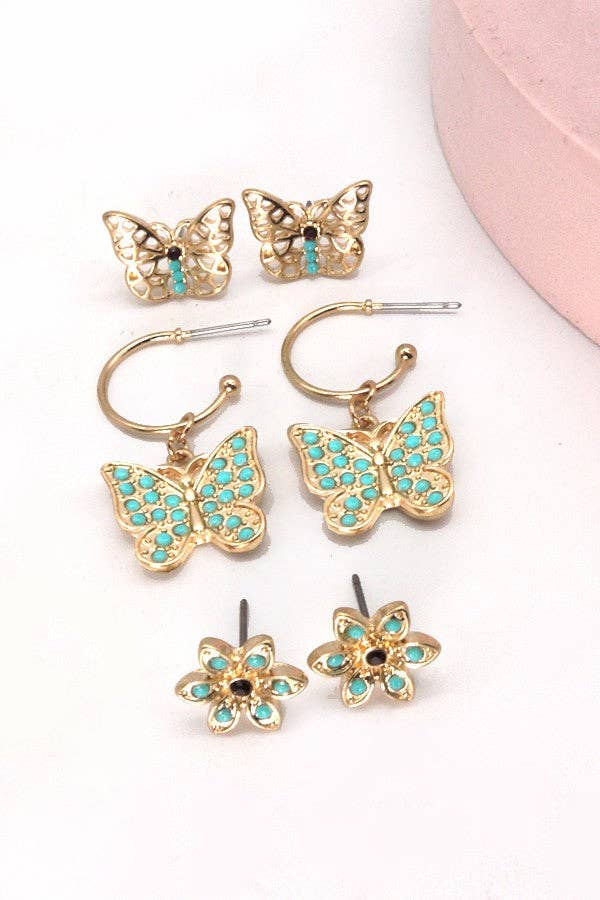 Turquoise Flower & Butterfly Earring Trio