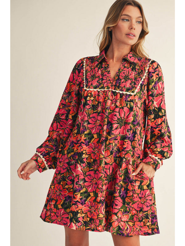 Vibrant Floral Print Smocked Mini Dress