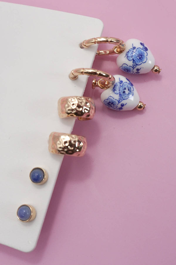 Blue Ceramic Heart Earring Trio | Gold