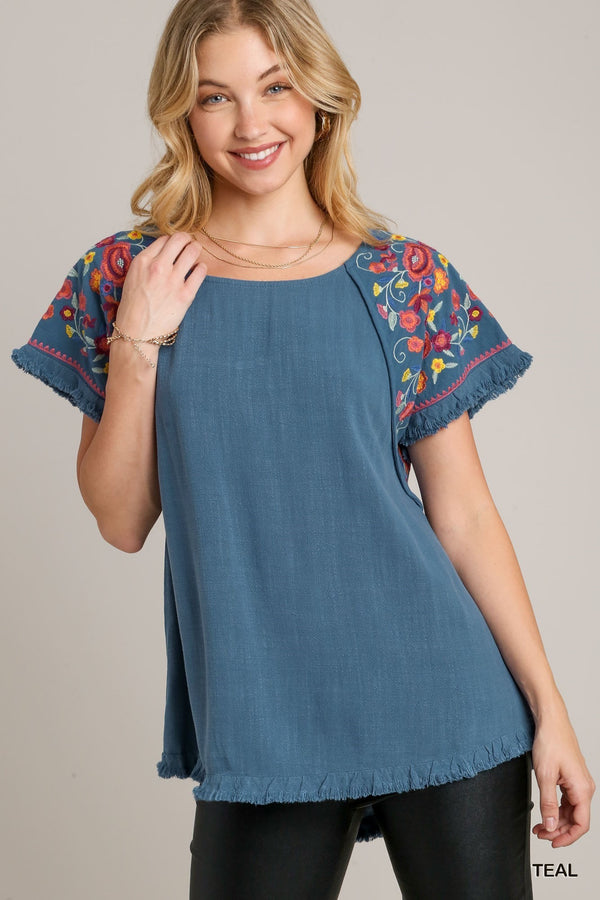 Embroidery Linen Top | Teal