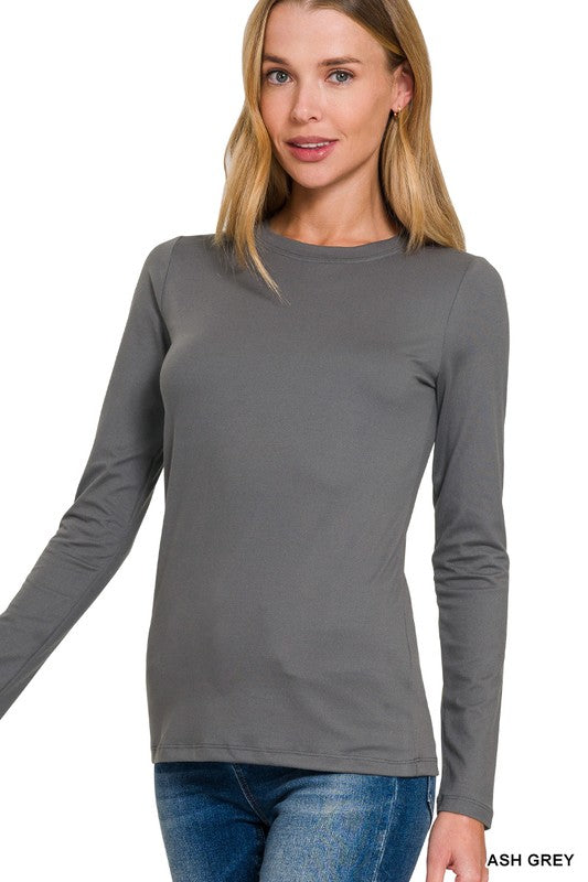 Brushed Microfiber Long Sleeve Round Neck Tee|Ash Grey