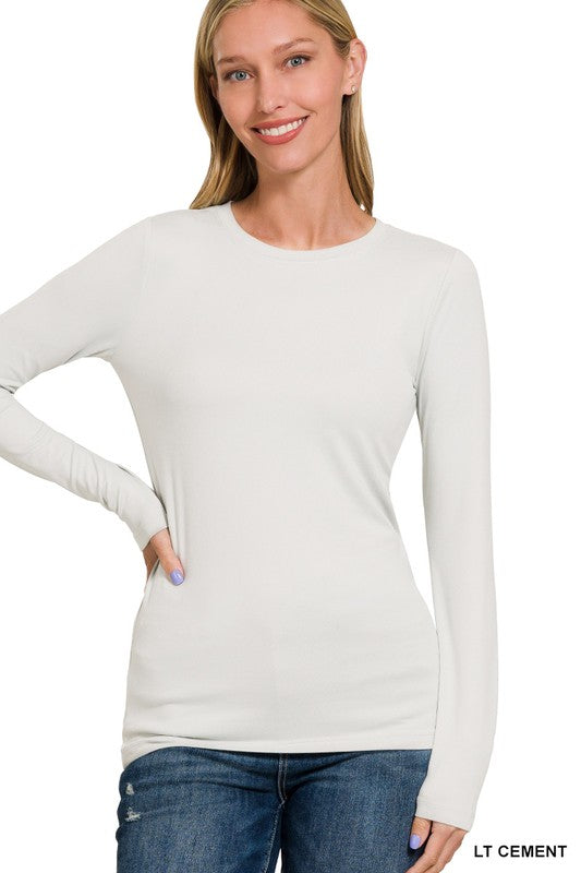 Brushed Microfiber Long Sleeve Round Neck Tee| Off White