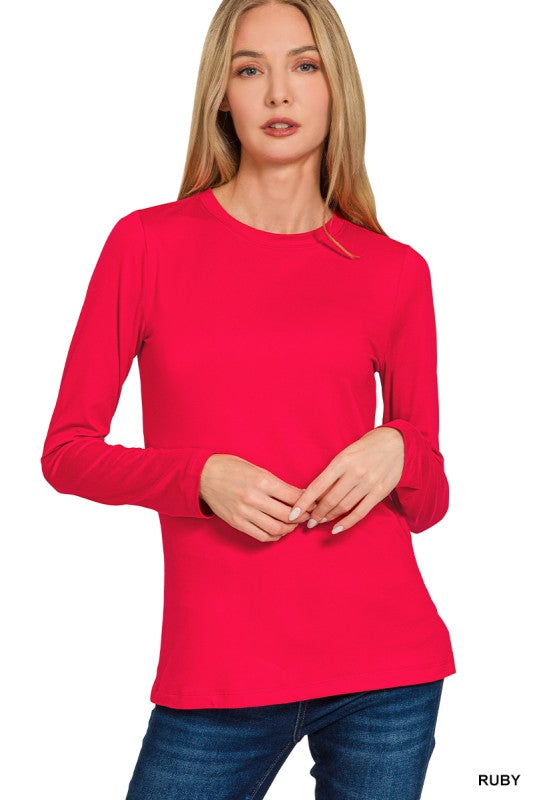 Brushed Microfiber Long Sleeve Round Neck Tee| Red