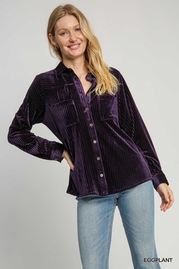 Stripe Textured Velvet Top | Eggplant
