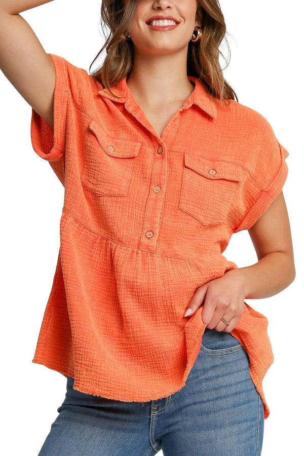 Mid Button Baby Doll Top | Tangerine