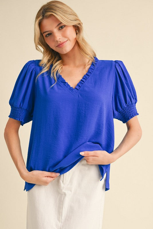 V-Neck Puffed Sleeve Top | Blue