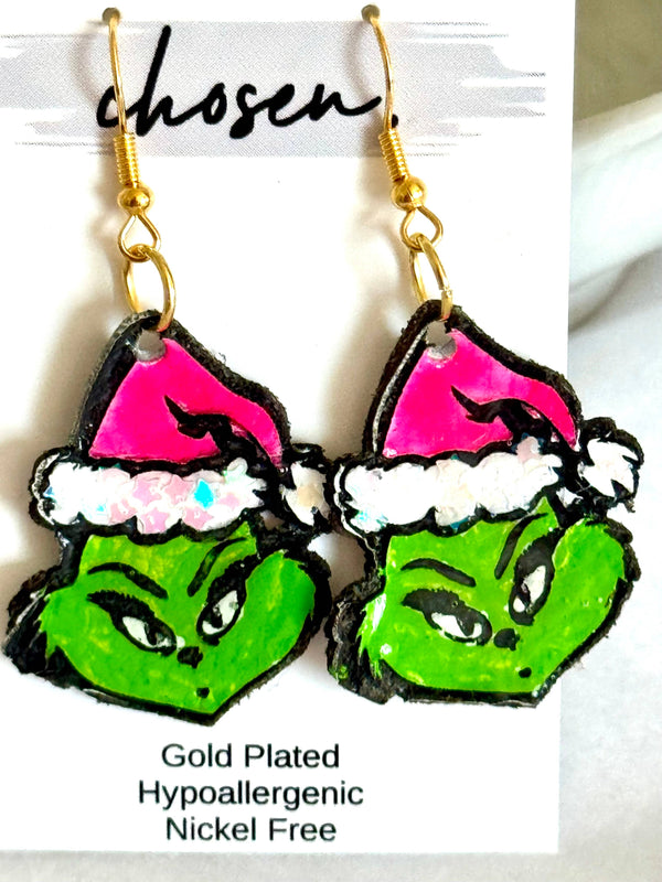 Hand Painted Leather Earring | Grinch
