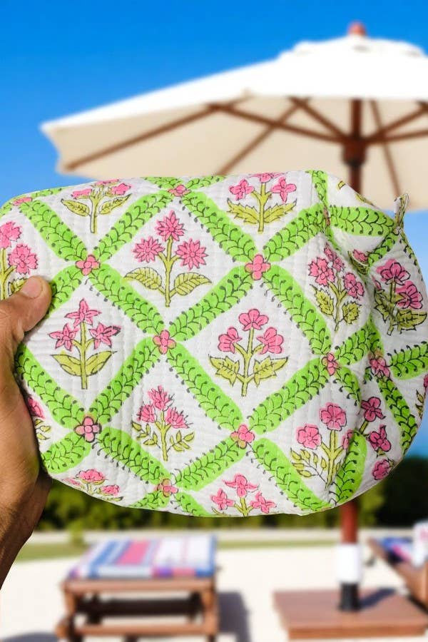 Green and Pink Floral Cosmetic Bag
