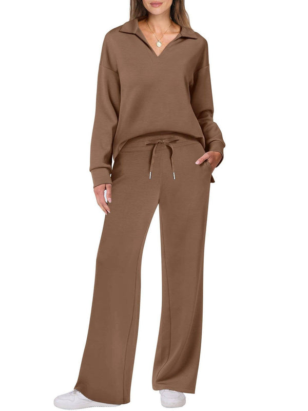 V-Neck Hoodie Wide Leg Pants Set