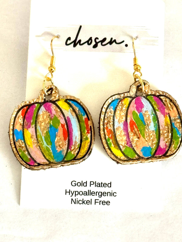 Hand Painted Leather Earrings | Pumpkin