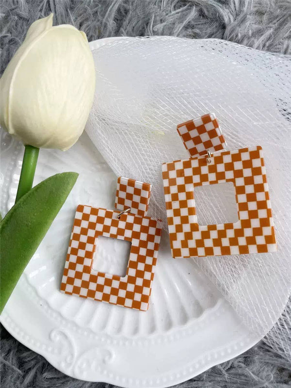Orange and White Checkered Earrings 