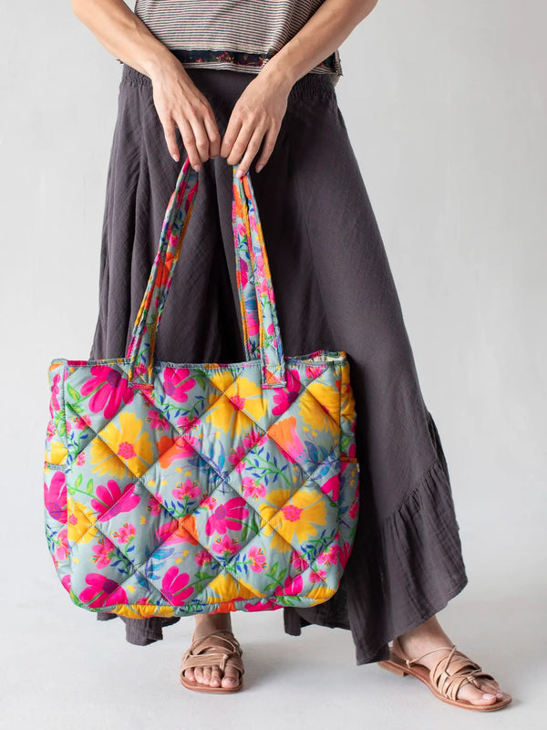 Reversible Puffy Tote Bag - Large Dusty Blue Floral