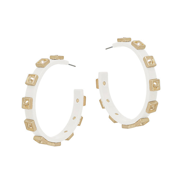 100324 White-Metal Hoop with Gold Square Accent