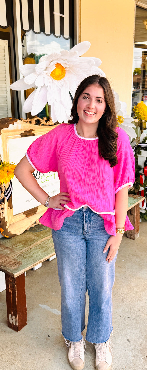 Pink Gauze Top W/White Accents