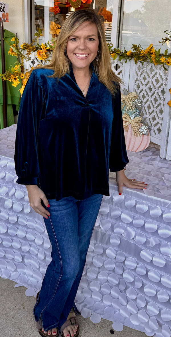 Velvet Ruffle Collar Blouse | Blue