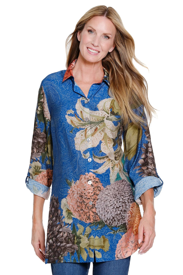 Floral Print Button Front Top w/ LS