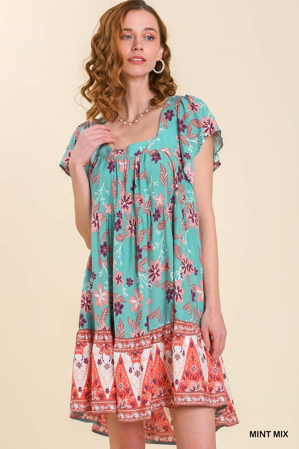 Border Printed Square Neck Dress