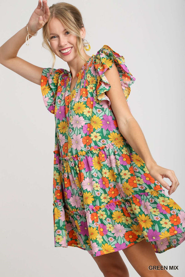 V-Notched Floral Print Dress