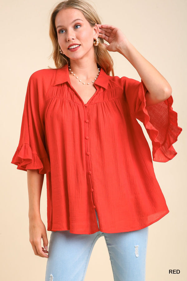 V-Neck Baby Doll Top | Red
