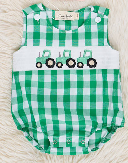 101420 Green Gingham Smocked Tractor Bubble