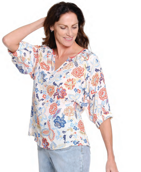 Print Peasant Top w/Embroidery