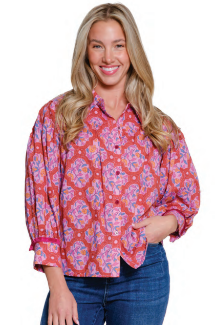 Pink/Red Collard Print Button Up