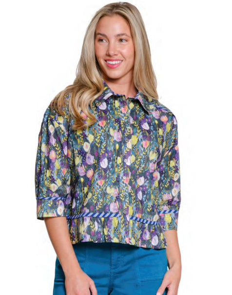 Multi Floral Print w/Stripe Trim