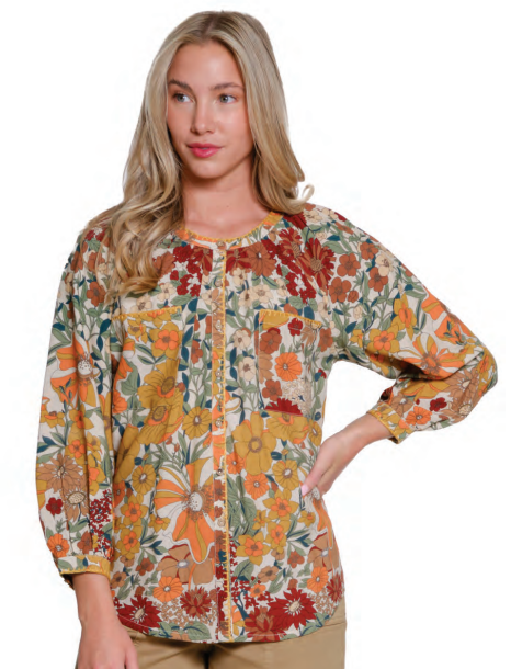 Multi Print Top w/Blanket Stitch