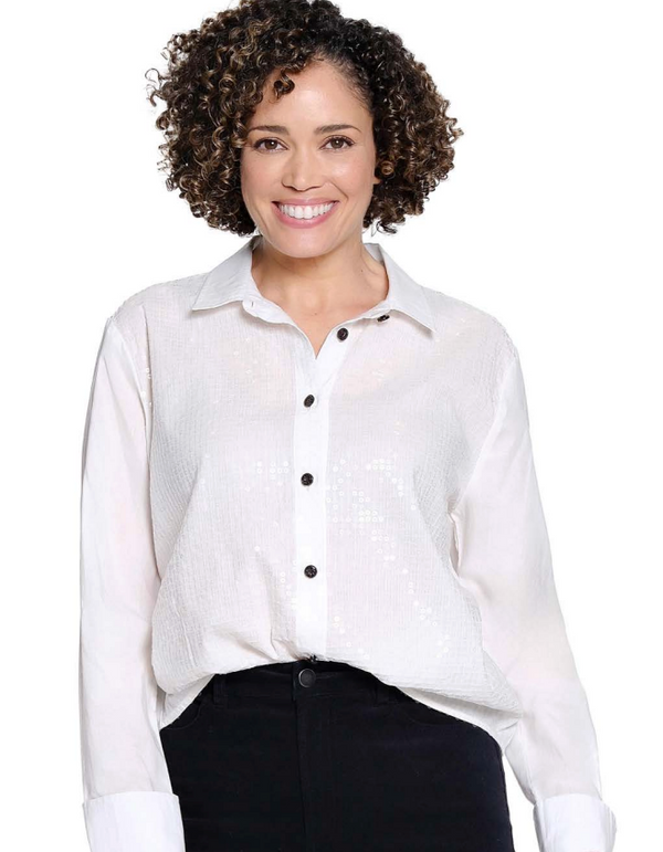 White Sequin Button Up Shirt