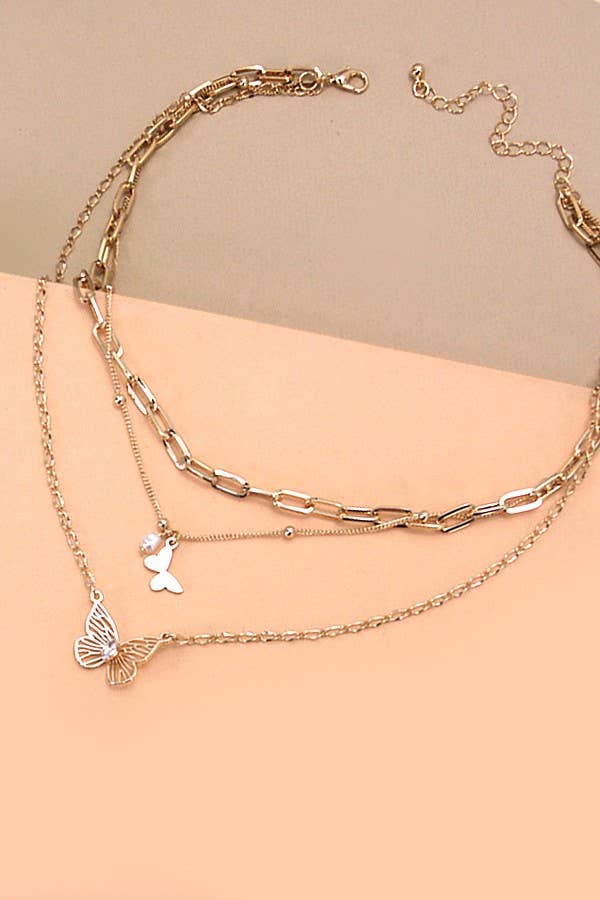 Multi Layer Butterfly Charm Necklace | Gold