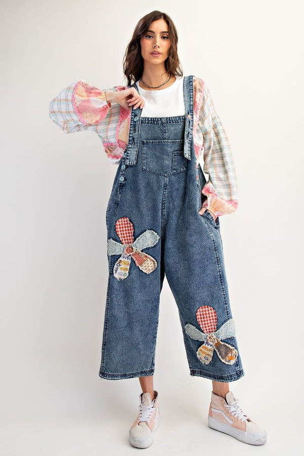 Flower Patched Denim Overalls