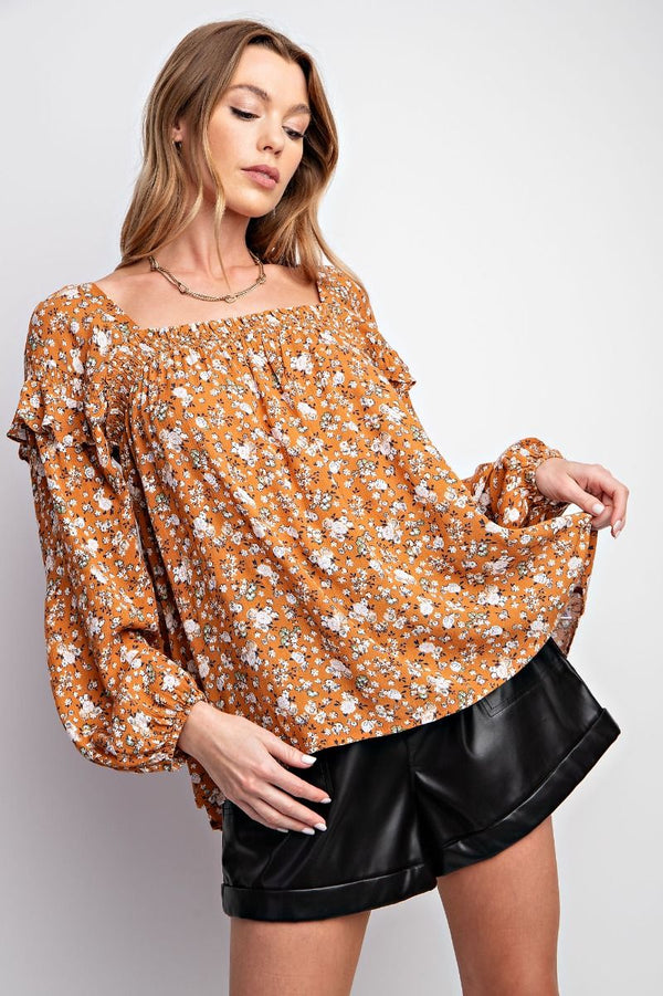 FALL Floral Printed Loose Fit Top | Camel