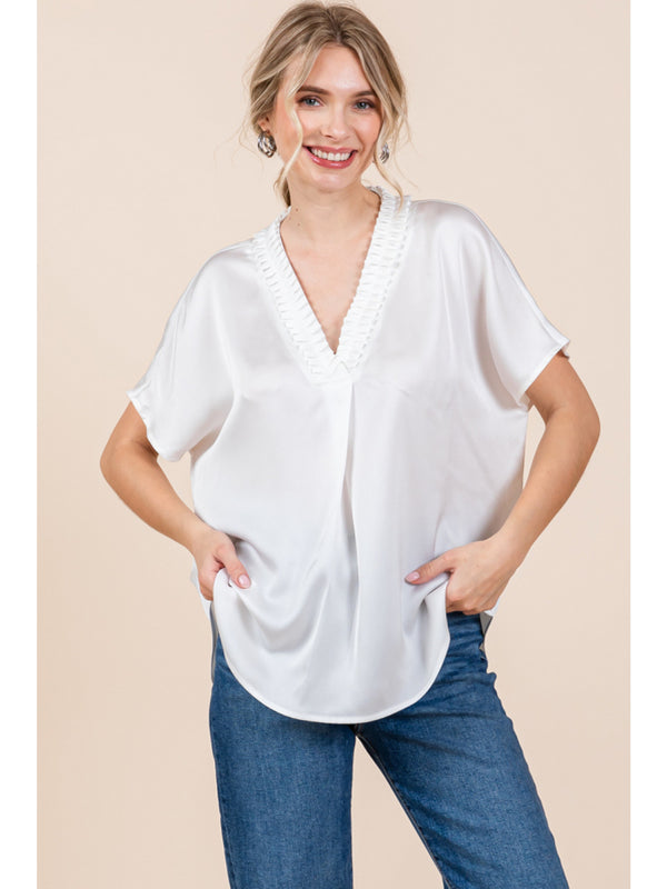 Satin V-Neck Top | Ivory